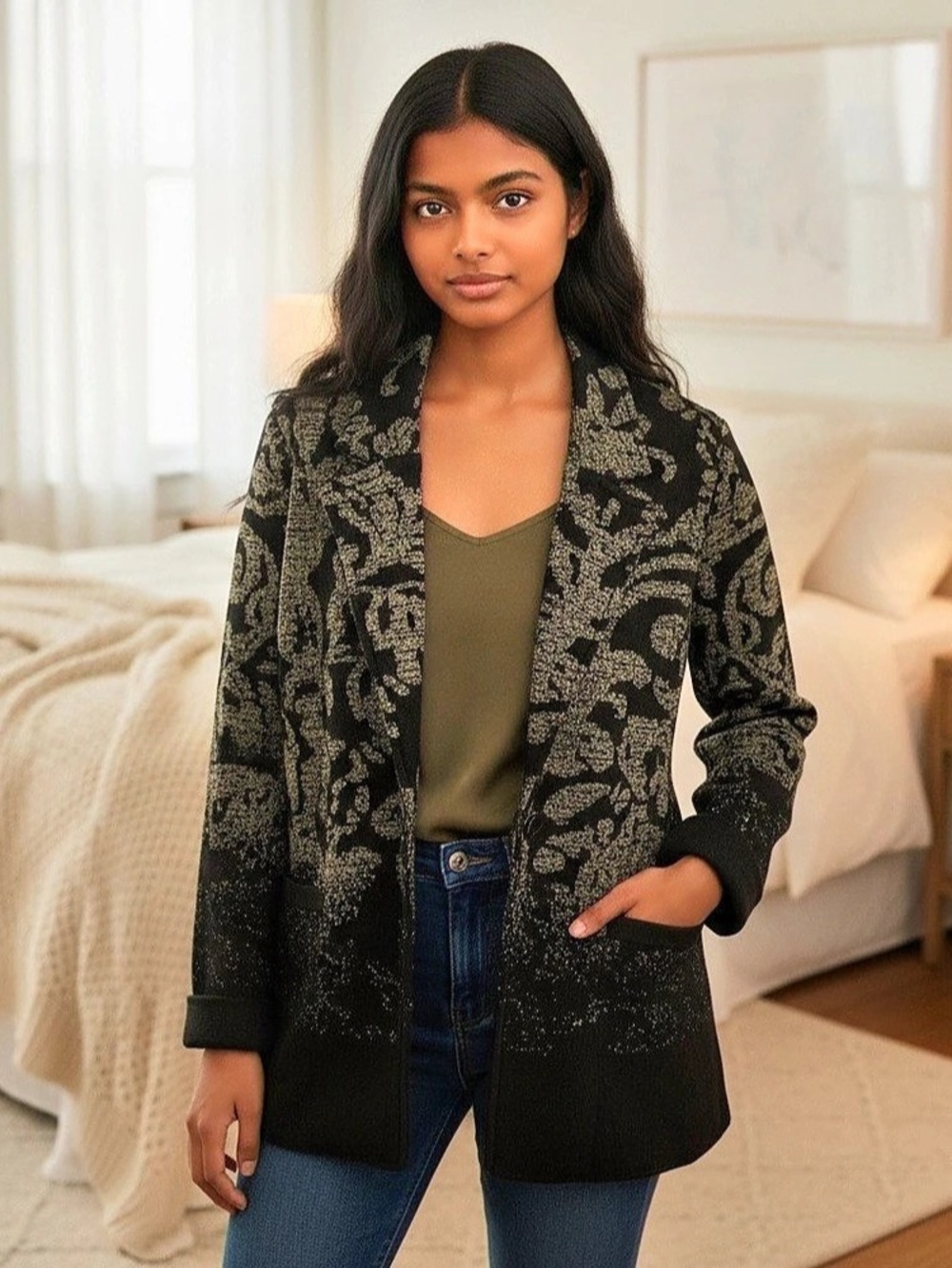 Chico's 0 Metallic Jacquard Sweater Blazer Black & Gold Size S